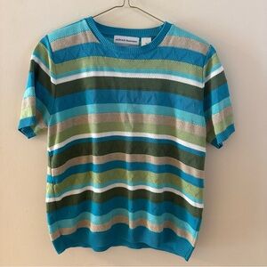 Alfred Dunner Striped Knit Crewneck Sweater - Teal, Aqua, Olive, Tan, White